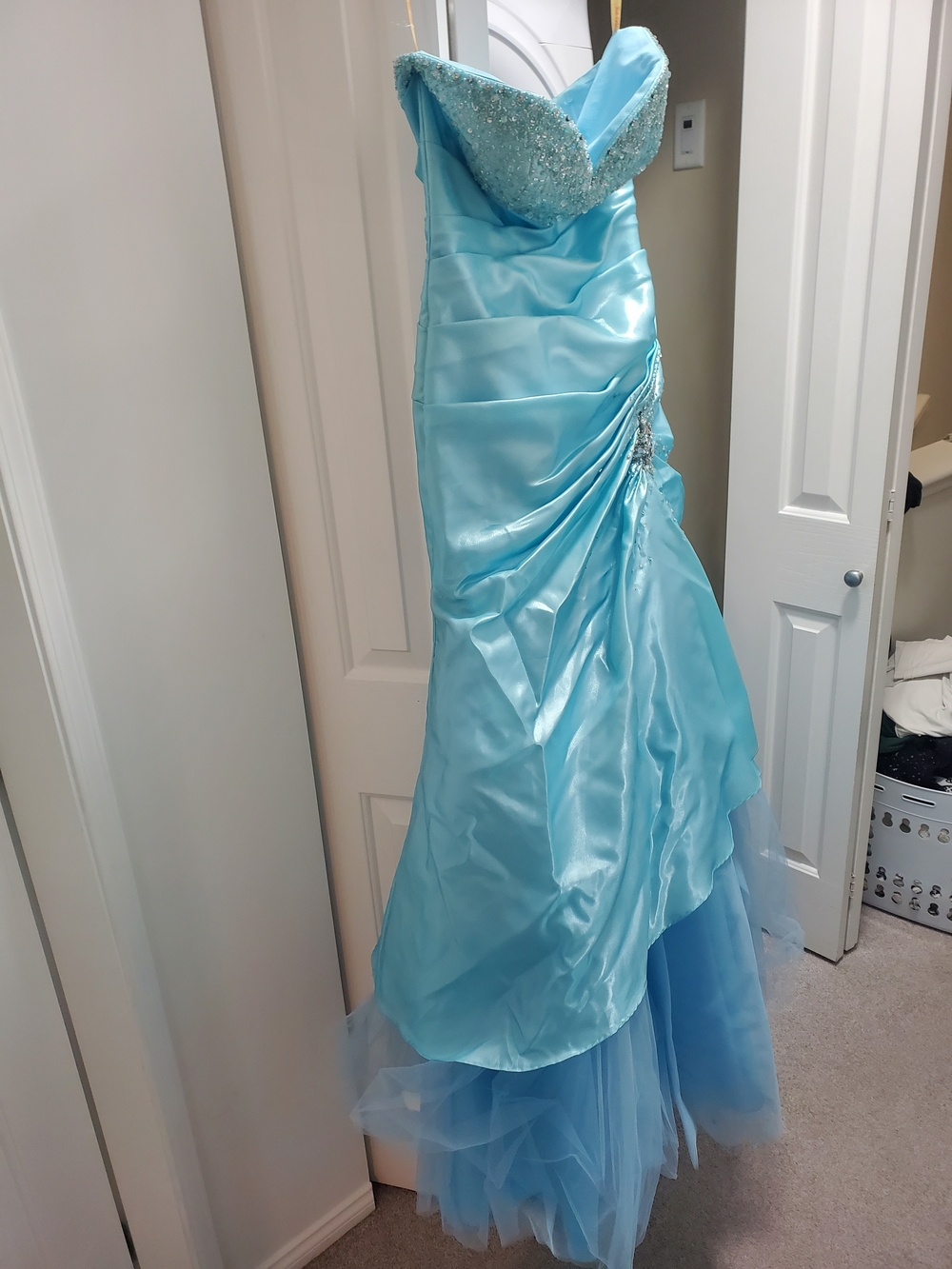 Light Blue Strapless Beaded Bodice Prom Gown